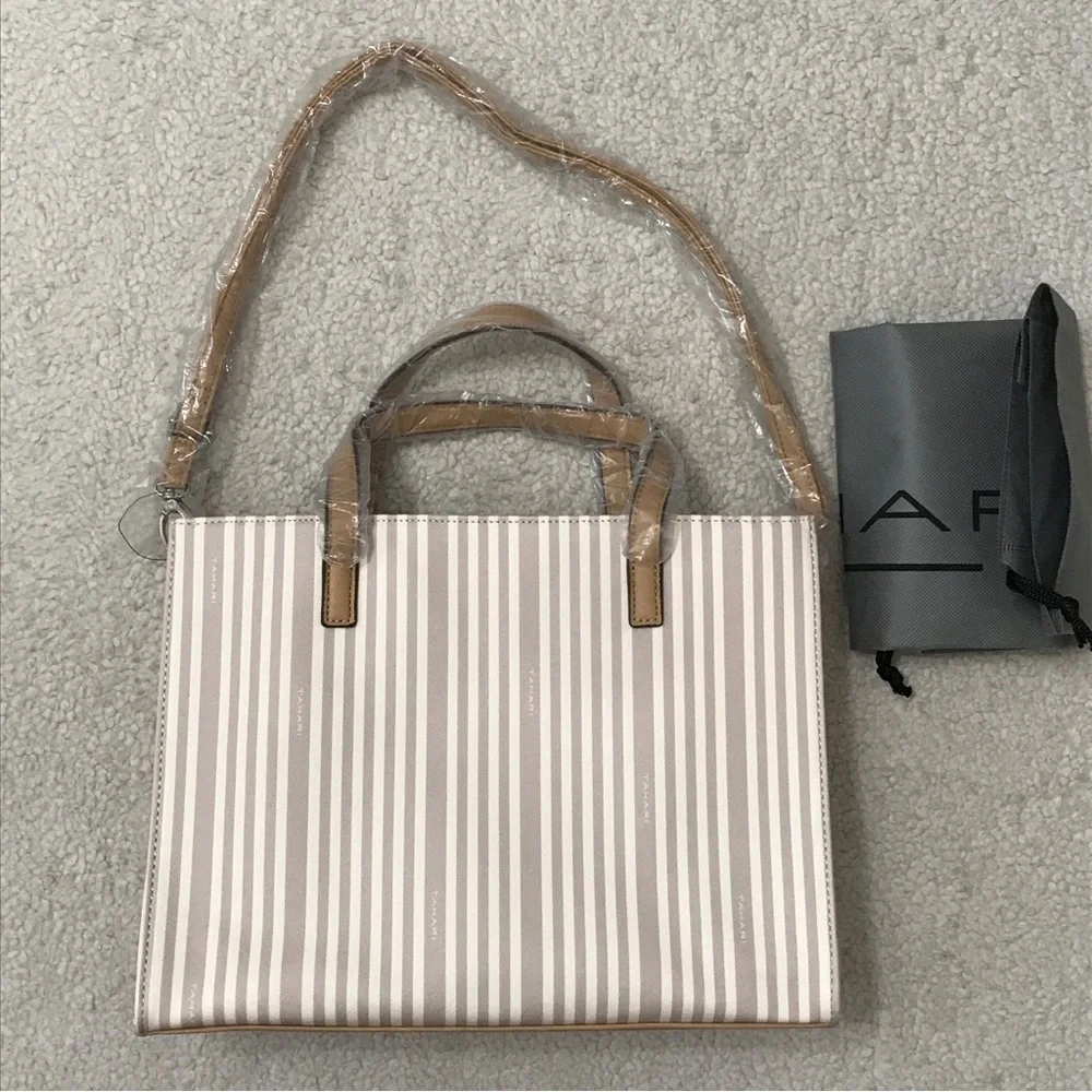 Tahari $149 MSRP Striped Satchel Bag + Dustbag Vegan Leather Cream